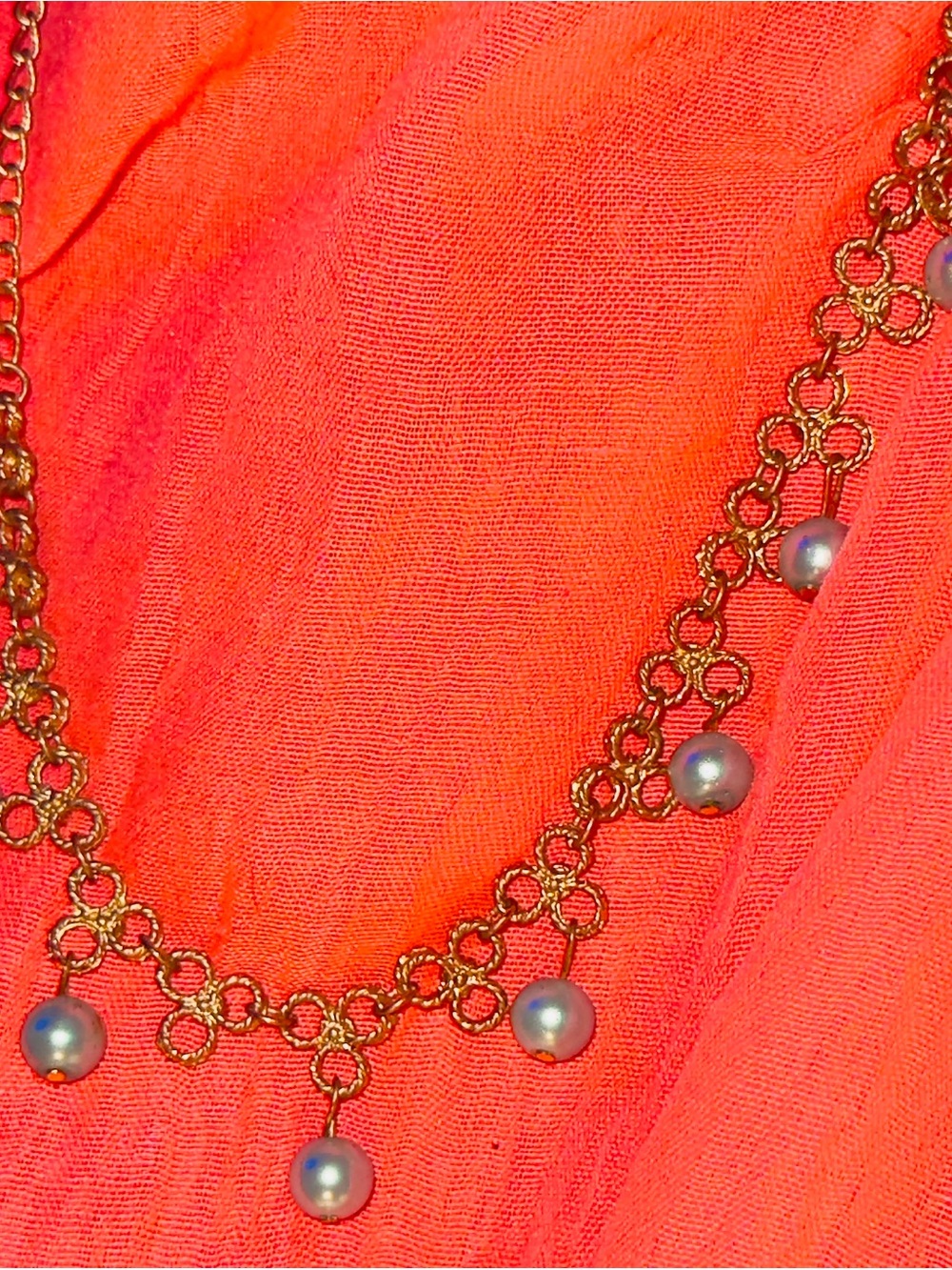 Gold Chain Necklace with light blue faux Pearl Drops - Women's Jewelry